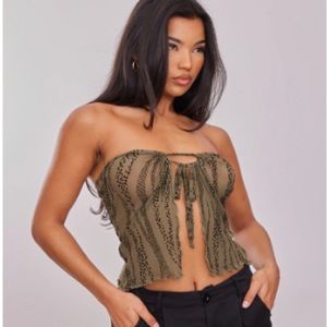 Khaki Flock Mesh Split Front Top